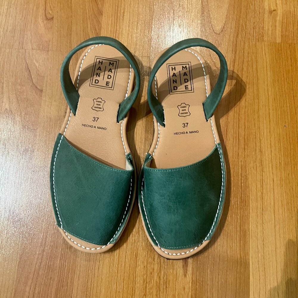 Green Soft Leather Sandals, Handmade NWOT